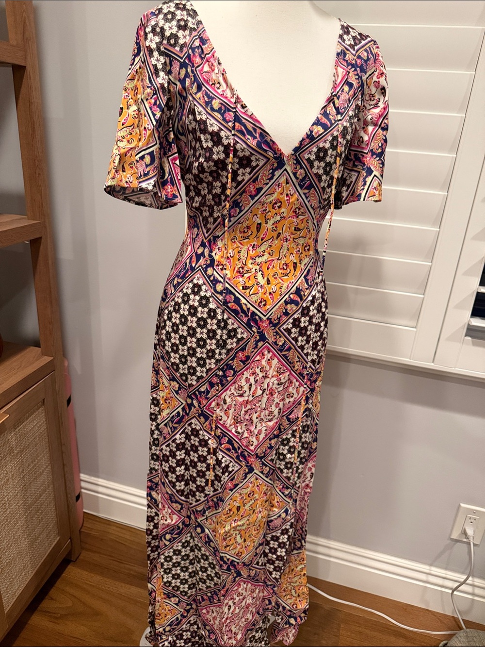 L'Academie Mixed Print V-Neck Maxi Dress in Yellow, Pink & Navy